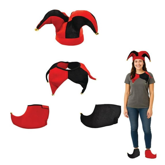 Adult Clown Court Jester Hat Collar Shoes Joker Accessories Set Costume 3 Piece Kit (Red Black)