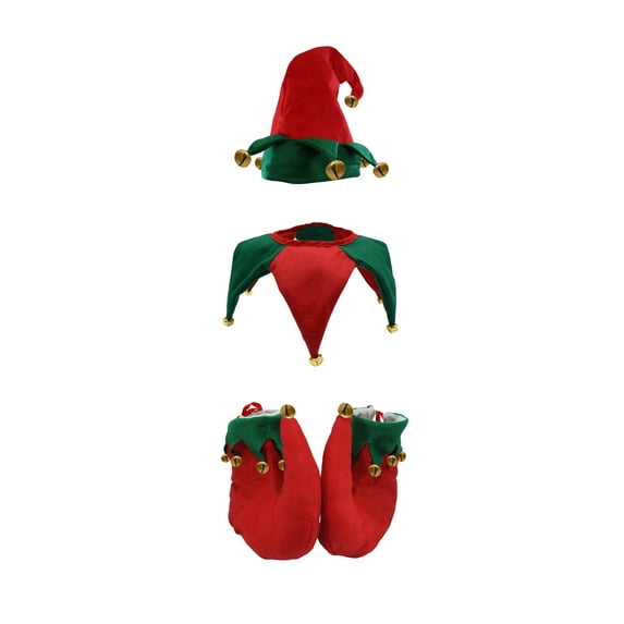Adult Clown Elf Jester Hat Collar Shoes Accessories Set Costume 3 Piece Kit