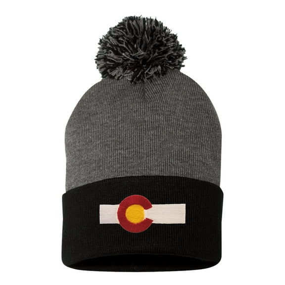 Adult Colorado Flag Embroidered Knit Beanie Pom Cap