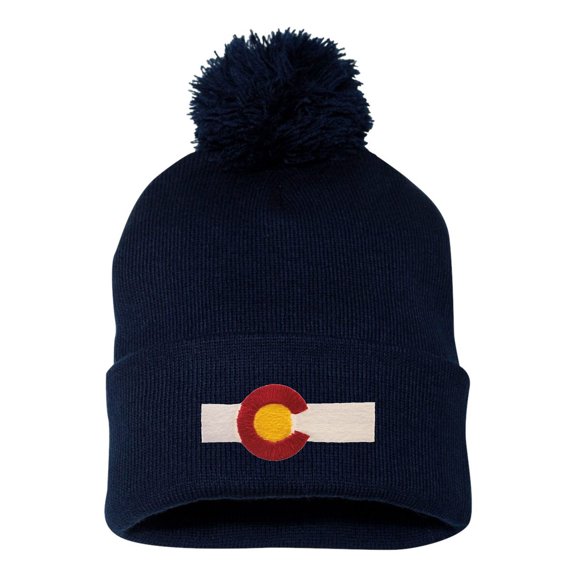Adult Colorado Flag Embroidered Knit Beanie Pom Cap