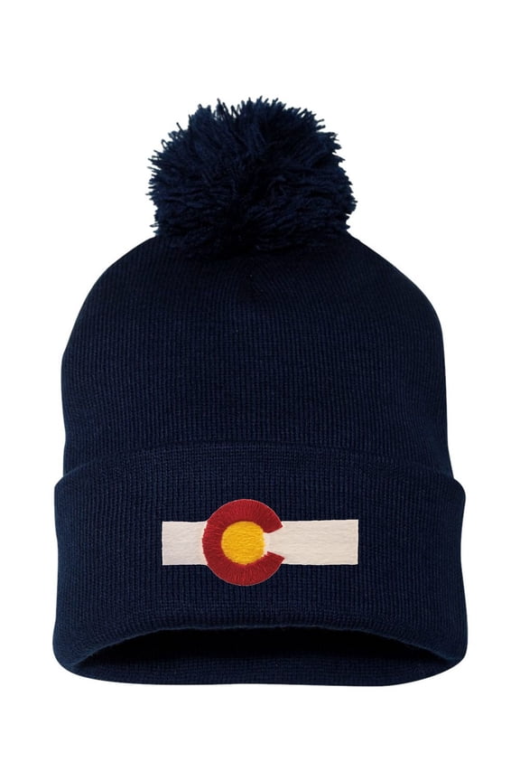 Adult Colorado Flag Embroidered Knit Beanie Pom Cap