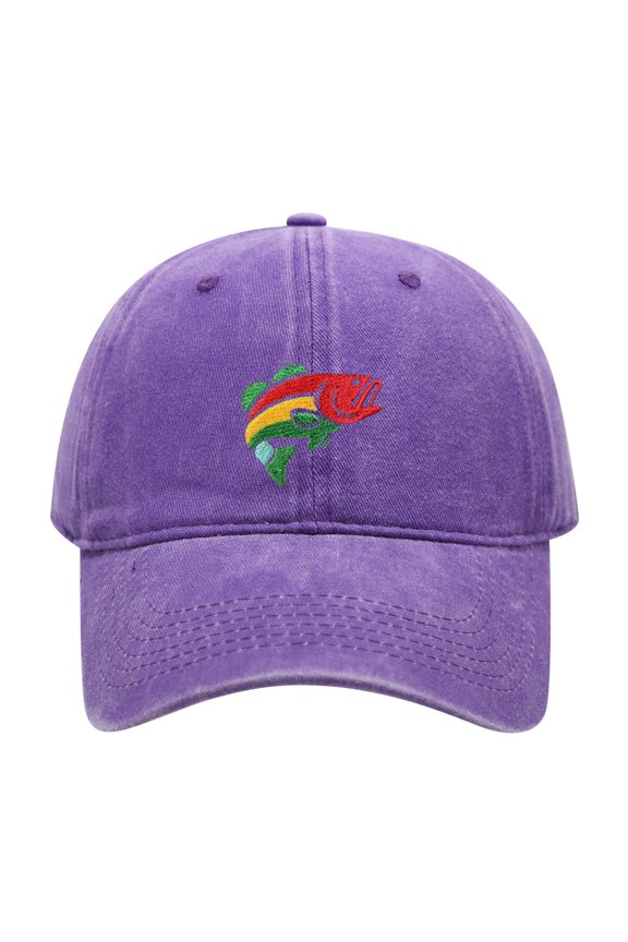 Adult Colorful Fish Embroidery Washed Cap, Casual Versatile Vintage Soft Top Baseball Cap