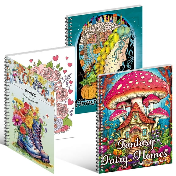 Adult Coloring Books Set:3 Coloring Books for Flower World,Whimsical Universe,Fantasy Fairy Homes.Coloring Books for Adults to Relax and Relieve Anxiety