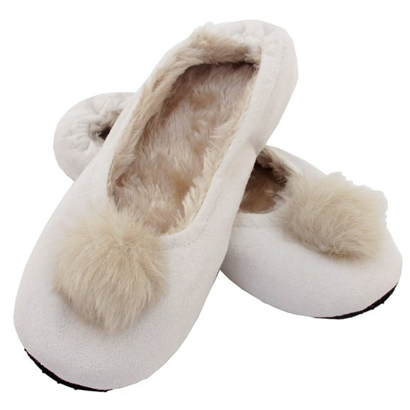 BambooMN Adult Comfy Warm Fuzzy Rabbit Pompom Nonskid Home Slippers - 1 Pair, Large White Pompom