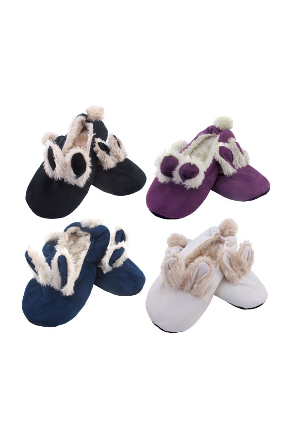 Adult Rabbit Pompom NonSlip Slippers - 4 Pairs, Large - Assortment K