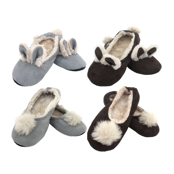Adult Comfy Warm Fuzzy Rabbit Pompom NonSkid Home Slippers - 4 Pairs, Medium - Asst G