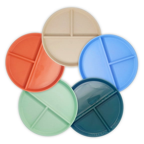 Adult Compartment Plate 5-Piece Set Unbreakable Portion Control Wheat Plastic Dinner Plate (Compartment/Picnic Plate), 9" Round, Microwave & Dishwasher Safe, Split Design, Bpa Free, Colorful For Kids