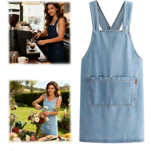 Adult Cotton Kitchen Apron with Front Pocket, Lightweight Denim-Style Cross Back Apron
