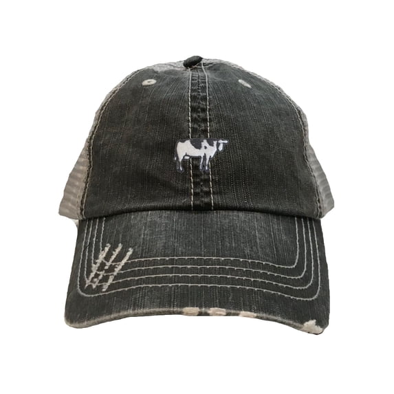 Adult Cow Embroidered Distressed Trucker Cap