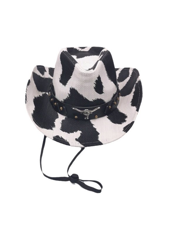 Adult Cowboy Hat with Cow Pattern Eye Catching Ethnic Cowgirl Hat Model Show Performances Photography Cowboy Hat