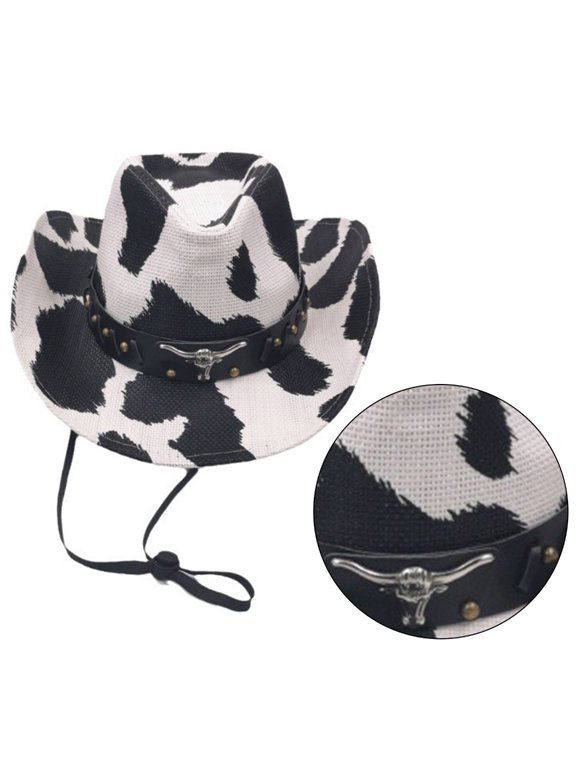 Adult Cowboy Hat with Cow Pattern Eye Catching Ethnic Cowgirl Hat Model Show Photography Cowboy Hat