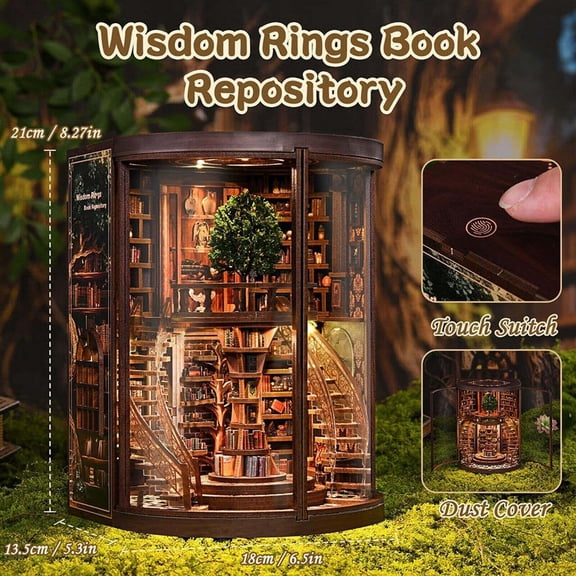 Adult Craft Kit Wisdom Rings Book Repository Diy Miniature House Kit with Miniature Bookshelf touch Light Stick on Wall Acrylic Display Case Display Case for Collectibles and