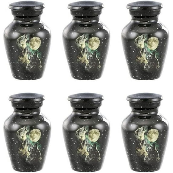 Adult Cremation URNS for Ashes- Adult Classic 3 Wolves Pictured Cremation Urn for Human Ashes, Completely Handicrafted with Velvet Protection Bag,… (SET OF 6 KEEPSAKE)
