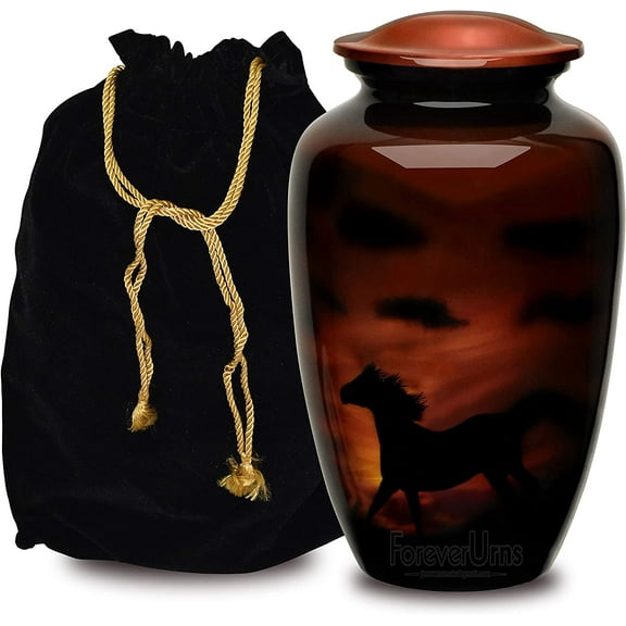 Adult Cremation URNS for Ashes- Black Horse in Evening Sunlight Cremation Urns for Human Ashes - Completely Handcrafted with Volume 200 Cu. in. with Velvet Protection Bag. (NOT PERSONALIZED)