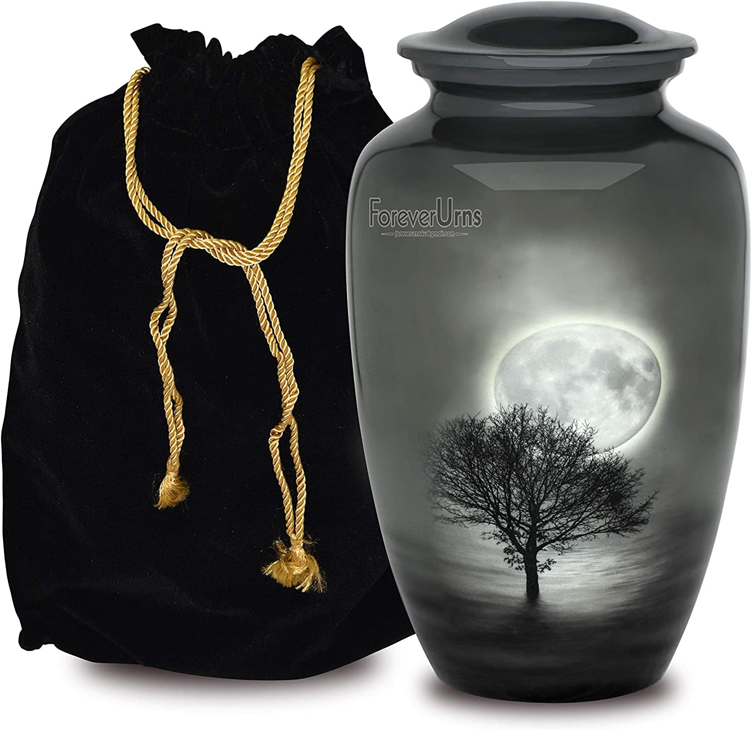 Handcrafted Black and Gray Metal Urn with Moon Night Tree Design