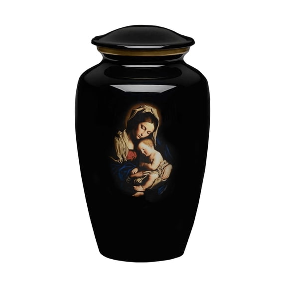 Adult Cremation Urn For Human Ashes - Black Alloy Cremation Urn With Religious Mary and Baby Jesus Design - Adult Size - Black Religious Urn - 200 cu. in.