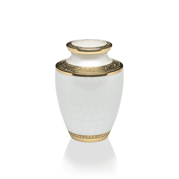 Adult Cremation Urn For Human Ashes - Nickel-Plated Brass Cremation Urn With White Enamel Overlay and Gold Brass Bands - Brass Urn, Adult - 200 cu. in.