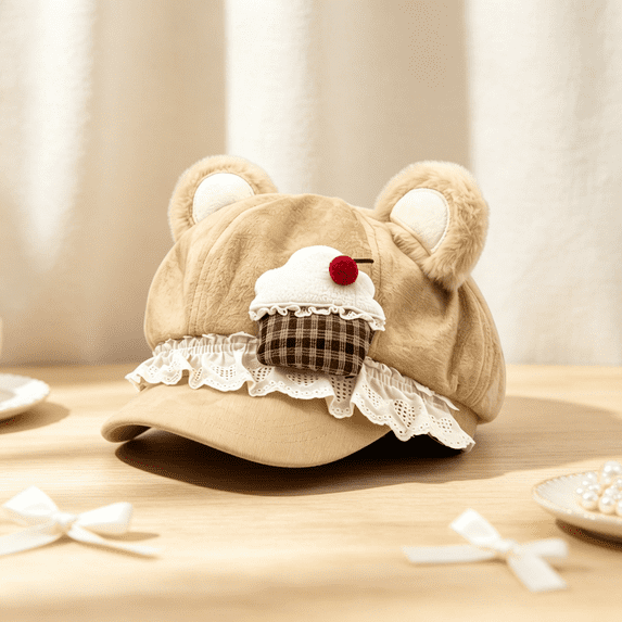 Adult Cutecore Kawaii Bear Ears Octagonal Newsboy Beret Hat, Hats for Women,Sweet Lolita Style Polyester Suede‑Like Cap,Lace Ruffle & 3D Food Ornament,2000S Clothes Accessories-Khaki