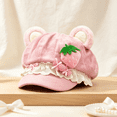 thumbnail image 1 of Adult Cutecore Kawaii Bear Ears Octagonal Newsboy Beret Hat, Hats for Women,Sweet Lolita Style Polyester Suede‑Like Cap,Lace Ruffle & 3D Food Ornament,2000S Clothes Accessories-Pink, 1 of 4