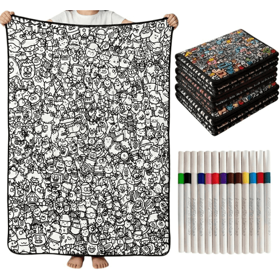 Adult DIY Coloring Blanket Kit with 24 Acrylic Markers, 50x60 Art Throw,Cartoon Doodle Crowd