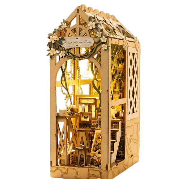 Adult DIY Flower Pavilion Book Nook Kit,1:24 Mini Elf Cottage 3D Building Model,Collectible Home Decor Craft Gift for Birthday Christmas Valentine Holiday (Glue & Battery Not Included)