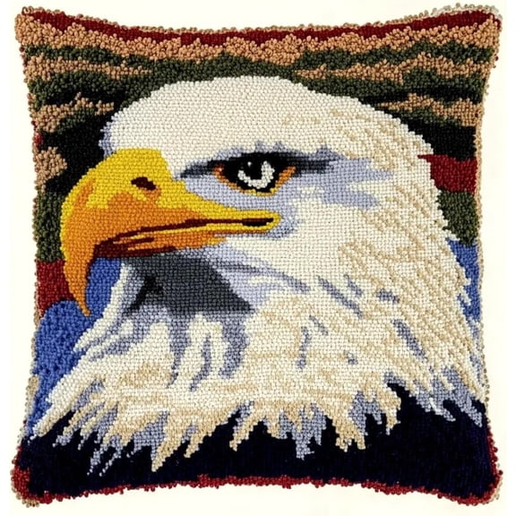 Adult DIY Latch Hook Pillow Kit,Eagle Animals Pattern Design,Pre Printed Canvas Pillow,Four Seasons Home Decoration Craft Kit,Including Crochet And Needle Thread Tapestry,17x17 In