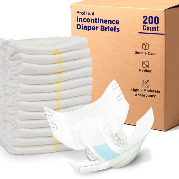 Adult Diapers Incontinence Briefs Medium, 200 Pack Double Case - For Men and Women - Quilted Moisture and Odor Lock - Light-Moderate Absorbency, Secure Fit Refastenable Tabs, Elastic Gathers