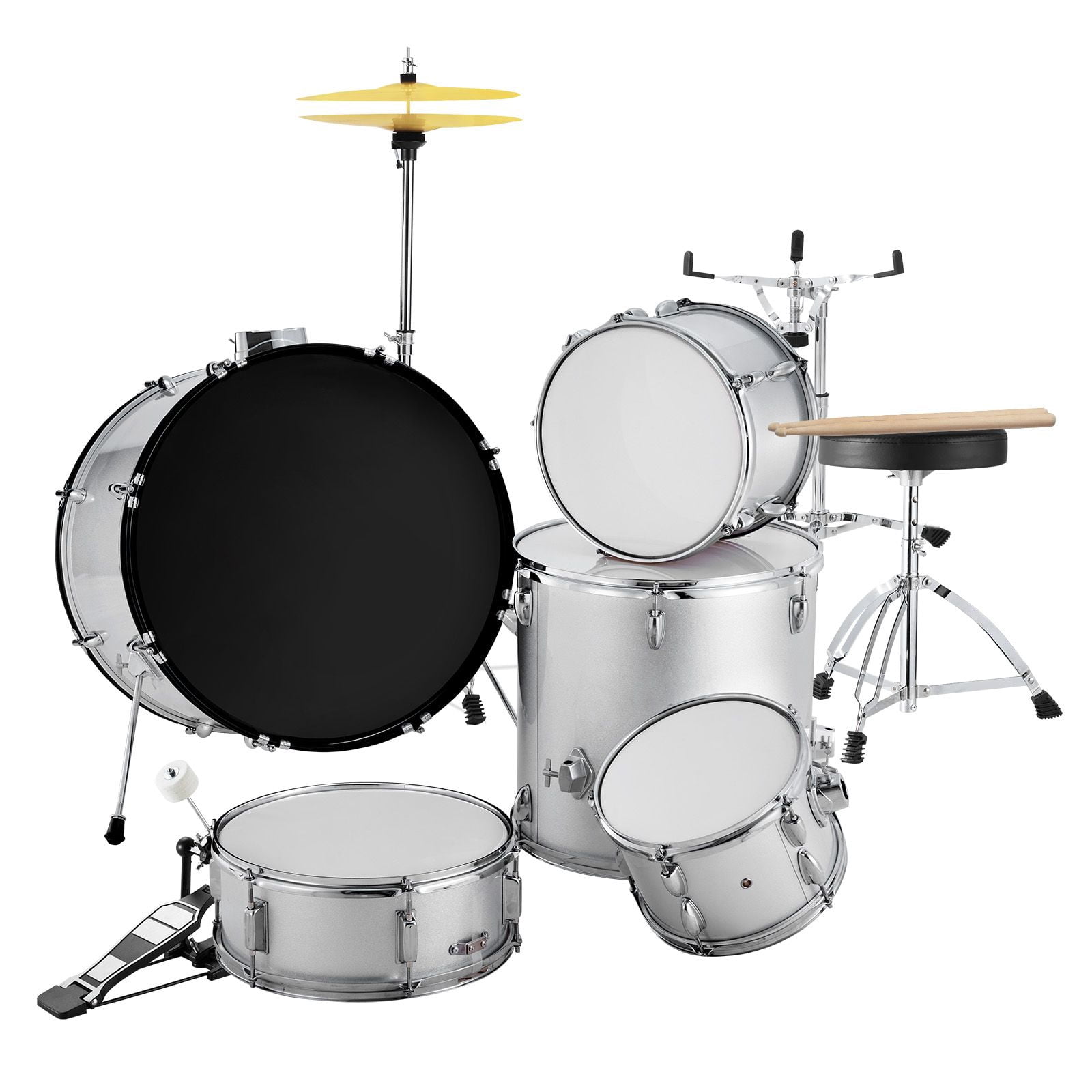 Adult Drum Set, 5-Piece, 22 inches Complete Full Size Drum Kit with Bass Toms Snare Floor Drum Adjustable Throne Stands Cymbal Hi-Hat Pedal and Drumsticks, Beginner Drum Kit for Adults, Silver