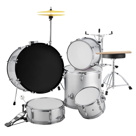 Adult Drum Set, 5-Piece, 22 inches Complete Full Size Drum Kit with Bass Toms Snare Floor Drum Adjustable Throne Stands Cymbal Hi-Hat Pedal and Drumsticks, Beginner Drum Kit for Adults, Silver
