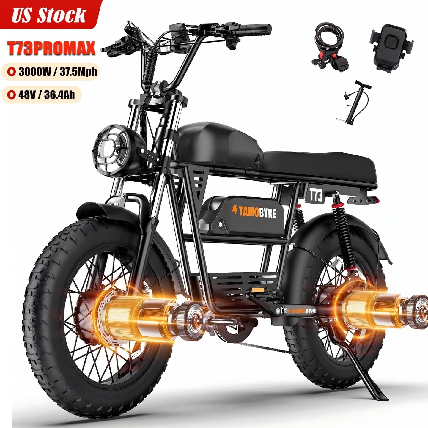 Adult E-Mountain Bike Tamobyke T73PROMAX, 3000W Peak Dual Motor, 37.5mph, 48V 36.4Ah Battery, 20" Fat Tire Electric Bike, UL2849