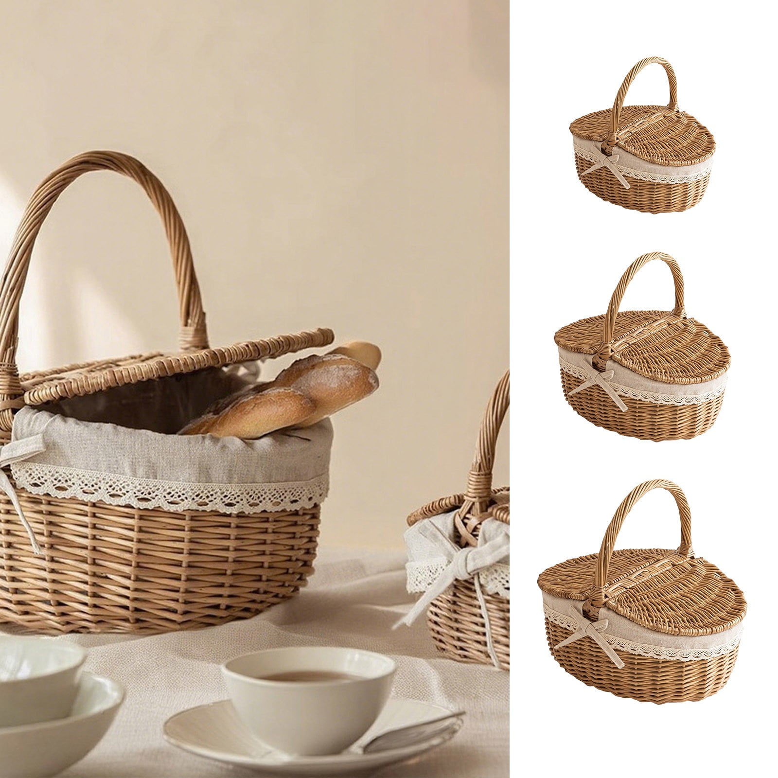 Adult Easter Basket, Picnic Basket, Handwoven Wicker Picnic Basket with Lid, Storage Hamper with Handle, Rattan Serving Basket for Outdoor, Beach, Camping