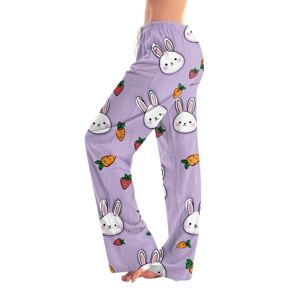 Adult Easter Pajamas Drawstring Stretch Waist Trendy Pjs Cute Rabbit Print Comfy Wide Leg Pants (Purple Pink,XL)