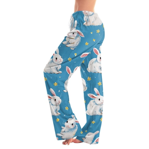Adult Easter Pajamas Drawstring Stretch Waist Trendy Sleepwear Funny Bunny Print Soft Wide Leg Pants (Dark Blue,3XL)