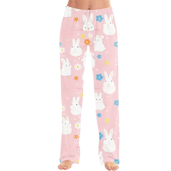 Adult Easter Pajamas Drawstring Wide Leg Trendy Pjs Funny Bunny Print Comfy Stretch Waist Pants (Wine,XL)