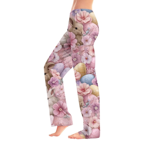 Adult Easter Pajamas Stretch Waist Drawstring Trendy Pjs Cute Bunny Print Comfy Wide Leg Pants (Pink,S)