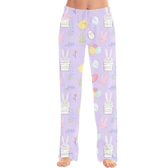 Adult Easter Pajamas Wide Leg Drawstring Spring Pjs Cute Bunny Print Soft Stretch Waist Pants (Watermelon Red,S)