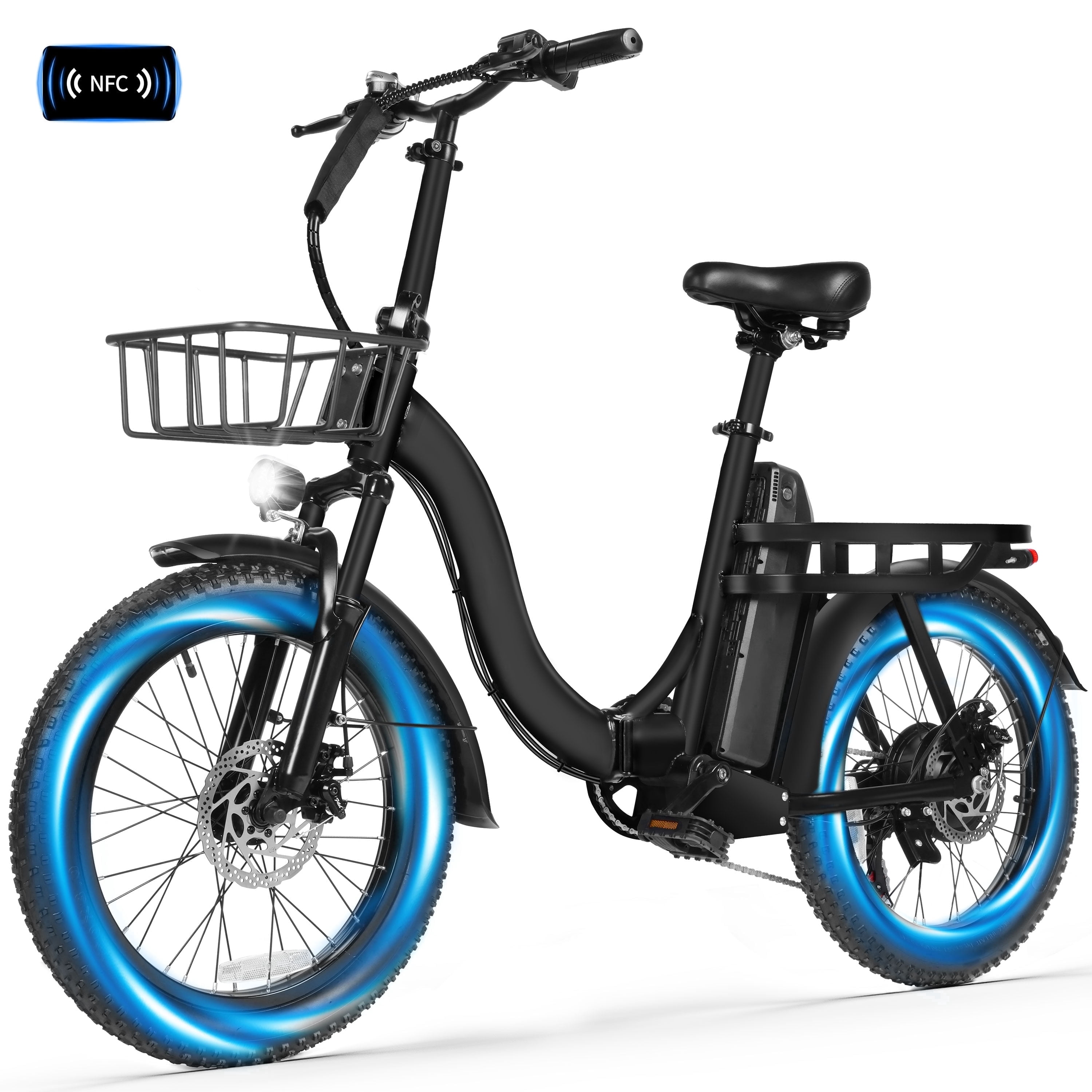 Adult Electric Bike – 1200W Peak Motor, 28 MPH, Foldable 20×3" Fat Tire, 48V 10.4Ah Battery Up to 55 Miles, 7-Speed Step-Through Cargo E-Bike with NFC Unlock, Black with Front Basket