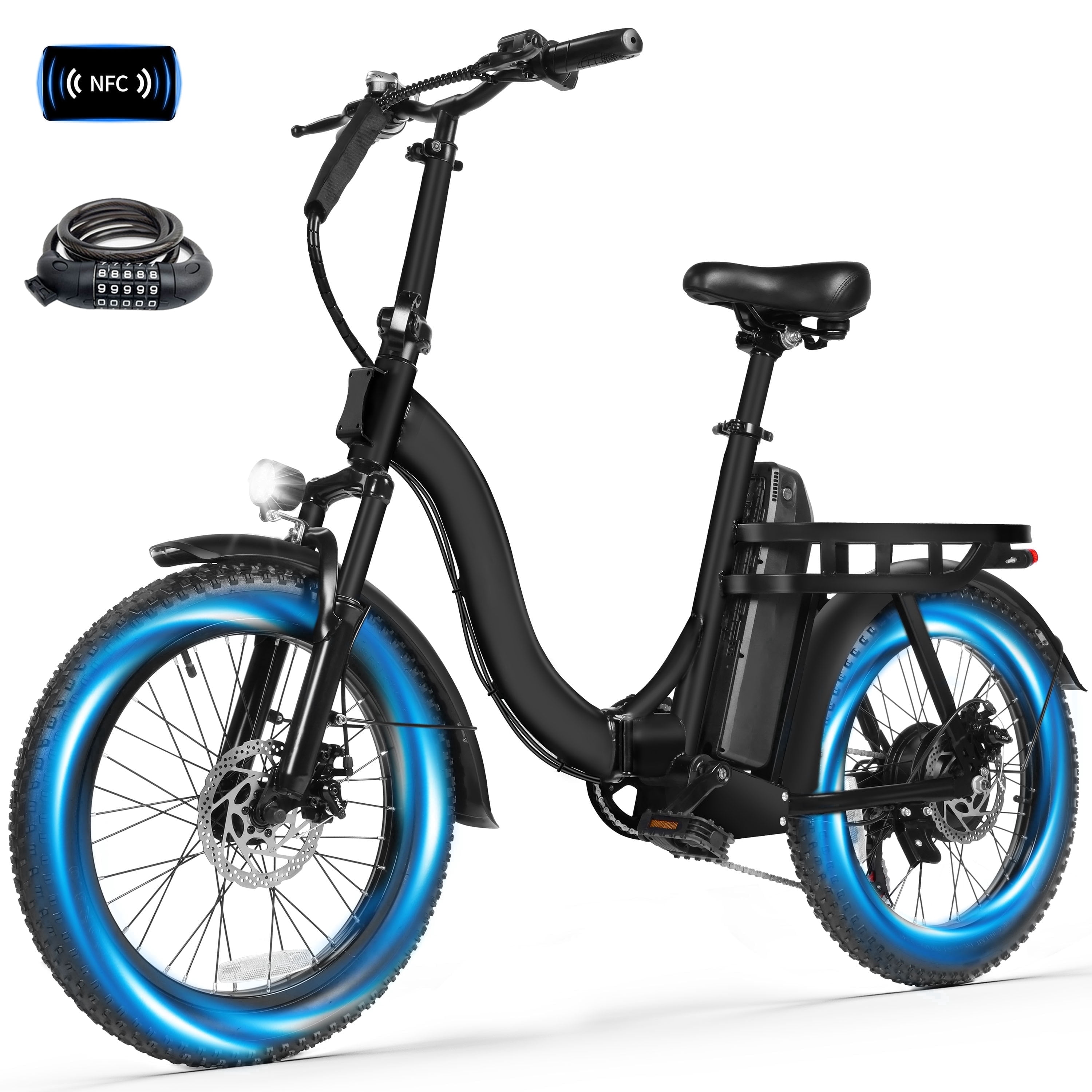 Adult Electric Bike – 1200W Peak Motor, 28 MPH, Foldable 20×3" Fat Tire, 48V 10.4Ah Battery Up to 55 Miles, 7-Speed Step-Through Cargo E-Bike with NFC Unlock, Black with Lock