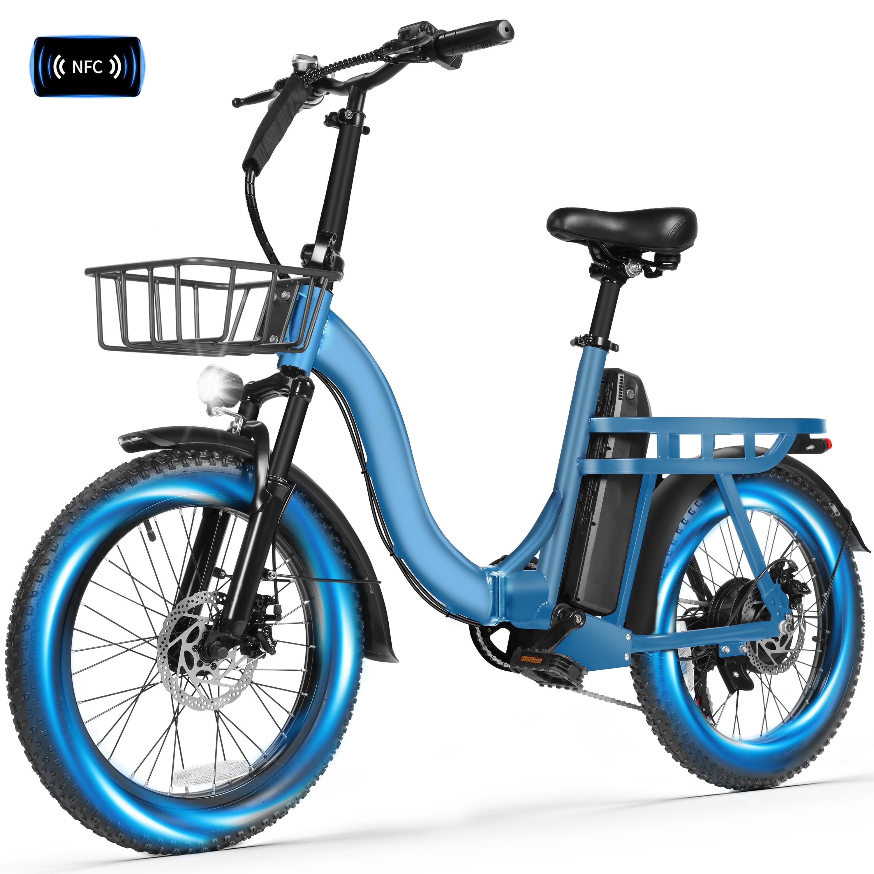 Adult Electric Bike – 1200W Peak Motor, 28 MPH, Foldable 20×3" Fat Tire, 48V 10.4Ah Battery Up to 55 Miles, 7-Speed Step-Through Cargo E-Bike with NFC Unlock, Blue with Front Basket