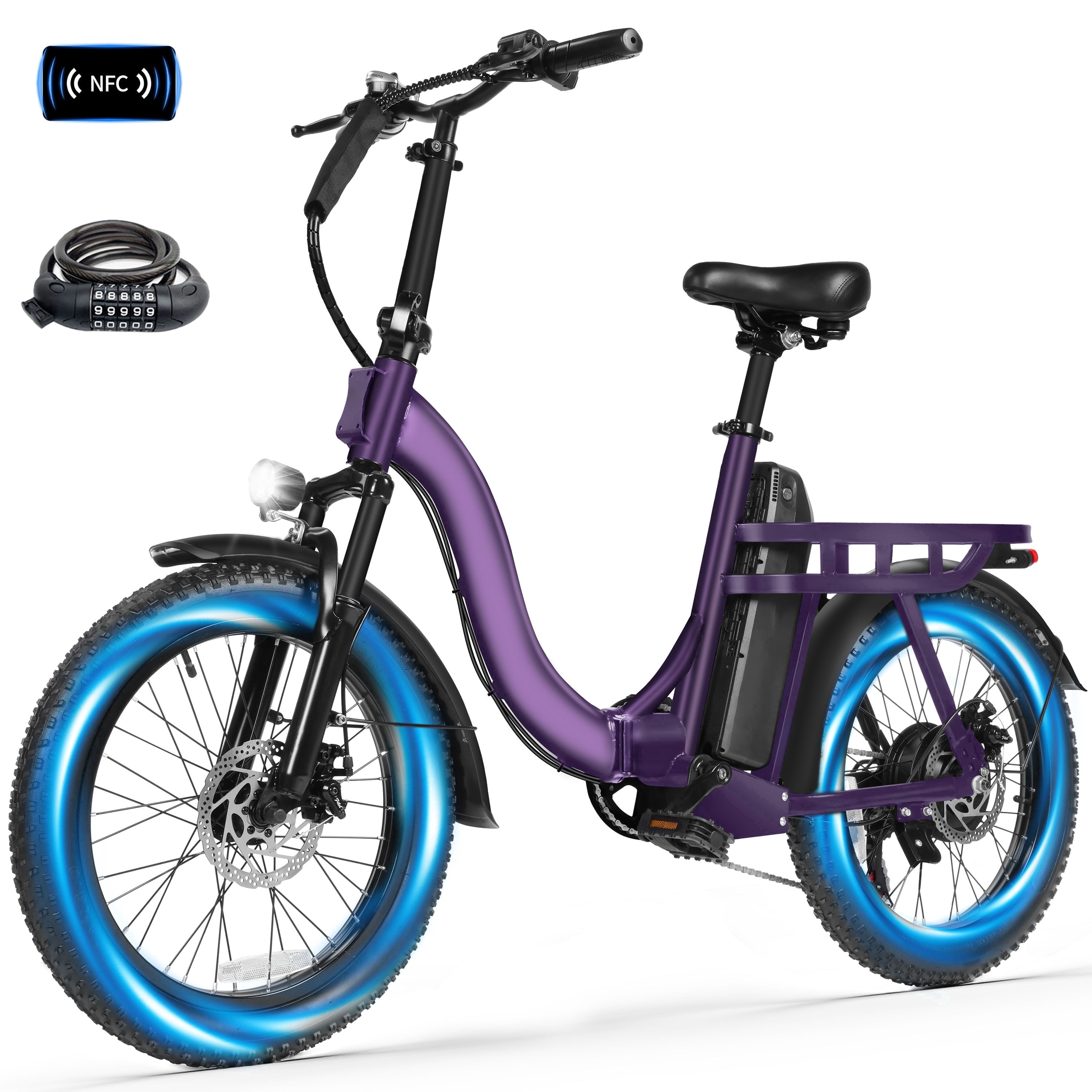 Adult Electric Bike – 1200W Peak Motor, 28 MPH, Foldable 20×3" Fat Tire, 48V 10.4Ah Battery Up to 55 Miles, 7-Speed Step-Through Cargo E-Bike with NFC Unlock, Purple with Lock