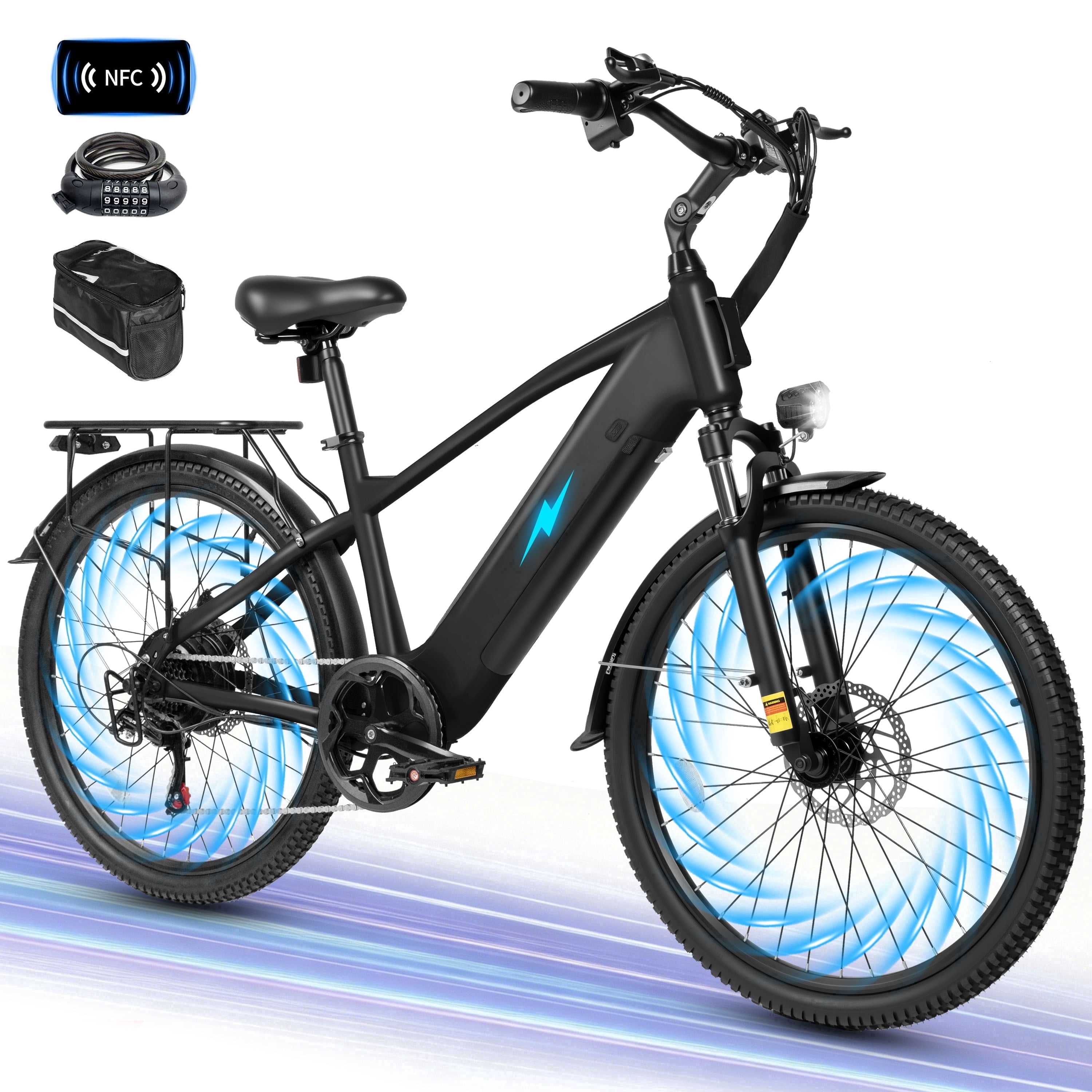 Adult Electric Bike – 70-Mile Range, 1300W Peak Motor, 28MPH, 840Wh Removable Battery, 26" Tires, 7-Speed Adjustable Stem, Step-Over Ebike, Black with Phonebag & Lock