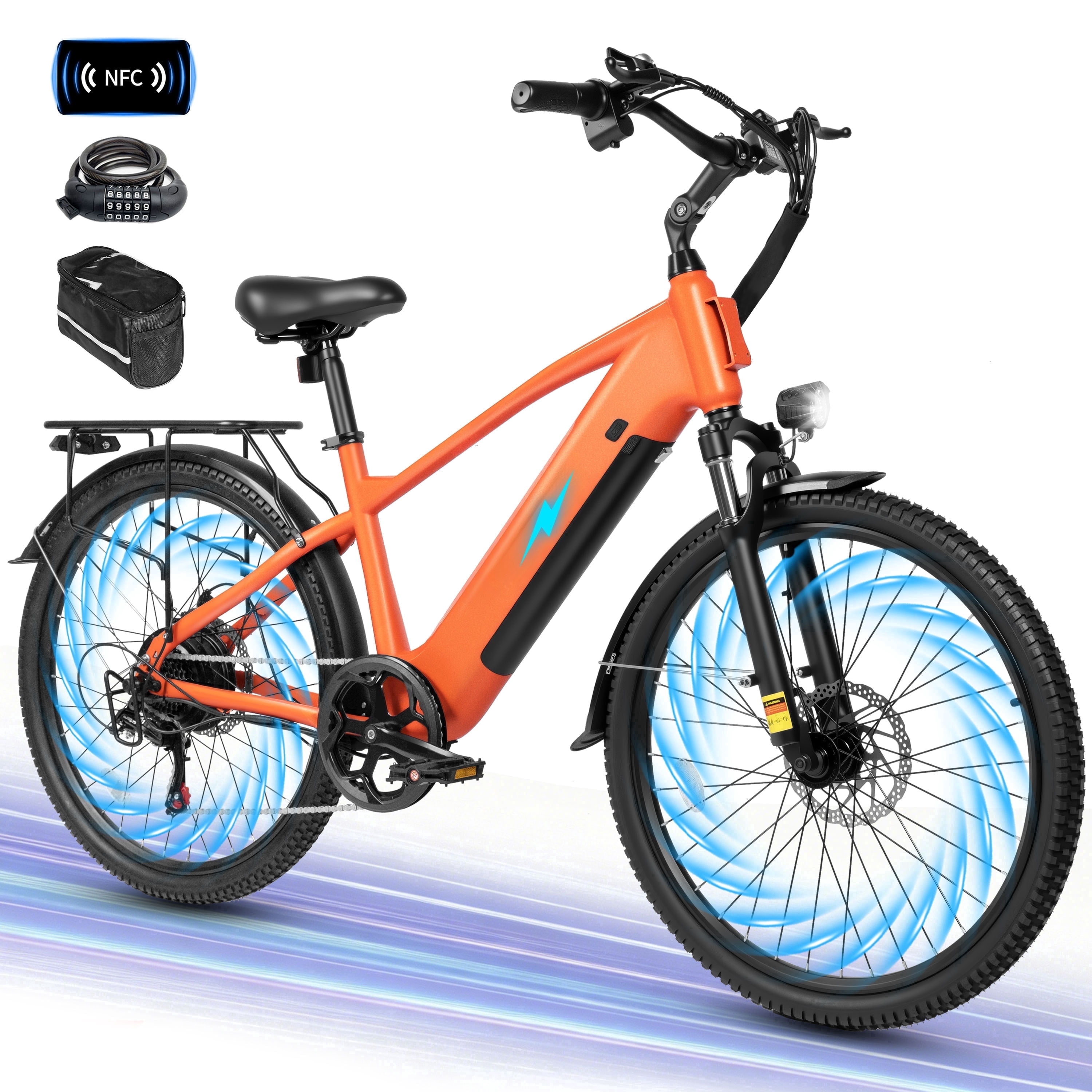 Adult Electric Bike – 70-Mile Range, 1300W Peak Motor, 28MPH, 840Wh Removable Battery, 26" Tires, 7-Speed Adjustable Stem, Step-Over Ebike, Orange with Phonebag & Lock