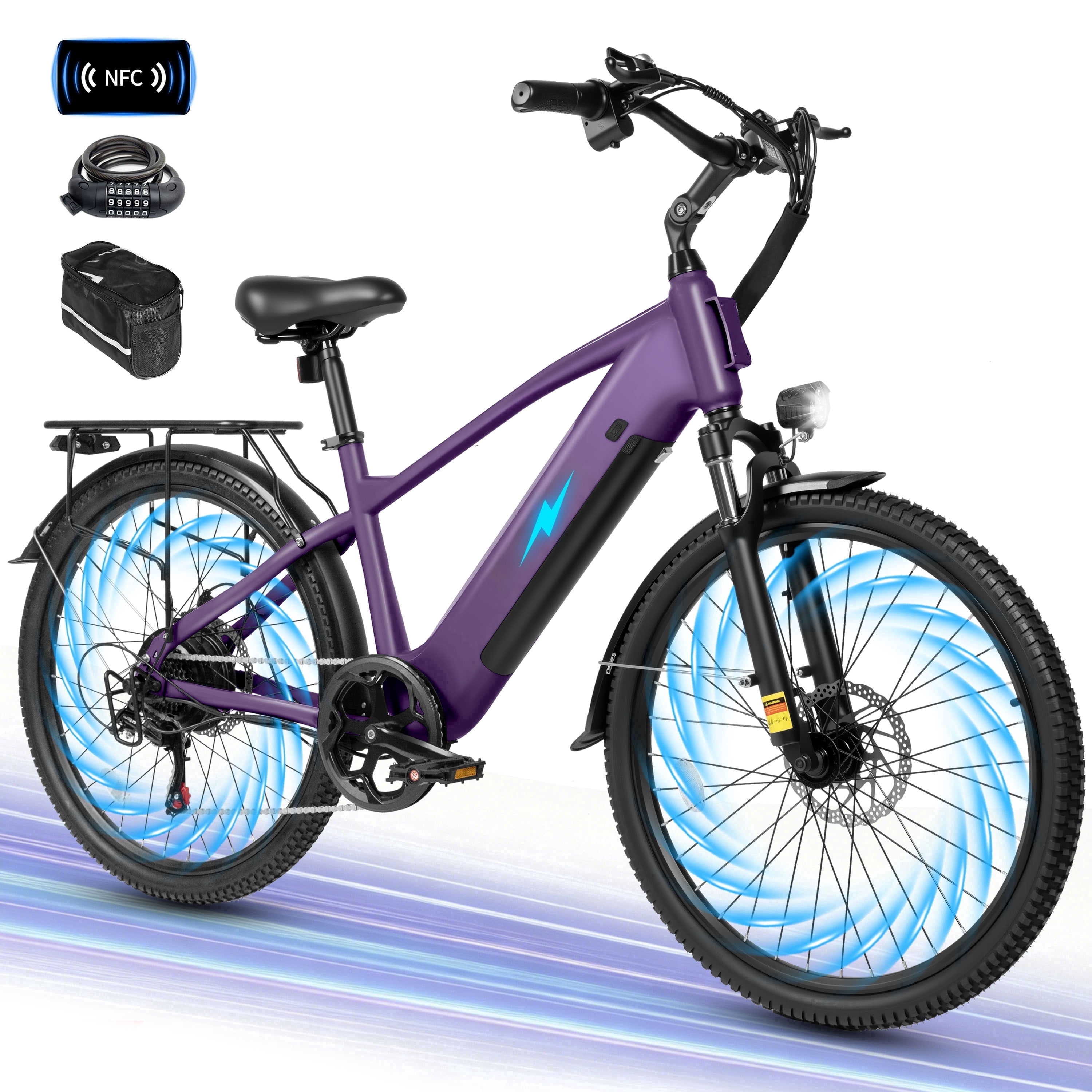 Adult Electric Bike – 70-Mile Range, 1300W Peak Motor, 28MPH, 840Wh Removable Battery, 26" Tires, 7-Speed Adjustable Stem, Step-Over Ebike, Purple with Phonebag & Lock