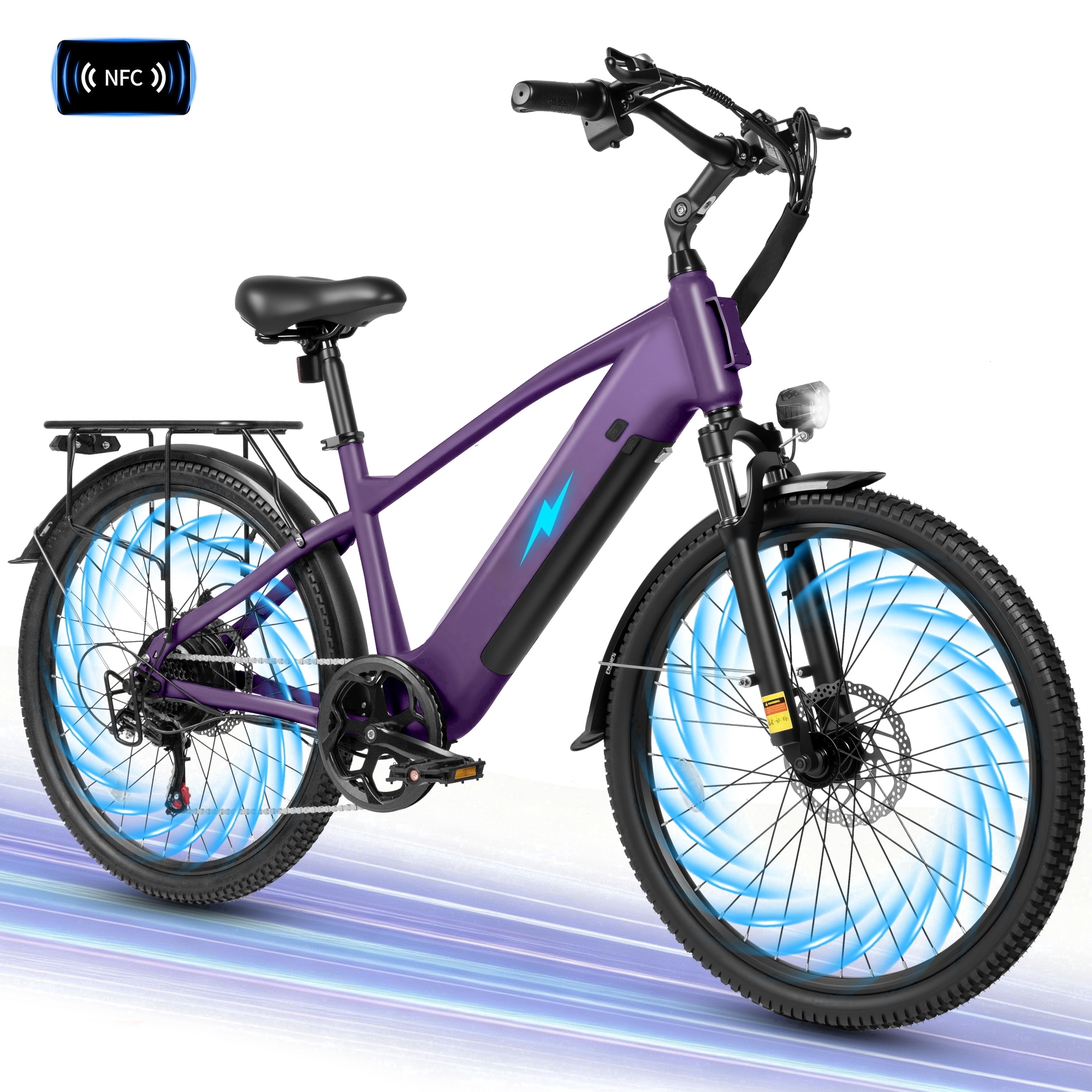 Adult Electric Bike – 70-Mile Range, 1300W Peak Motor, 28MPH, 840Wh Removable Battery, 26" Tires, 7-Speed Adjustable Stem, Step-Over Ebike, Purple