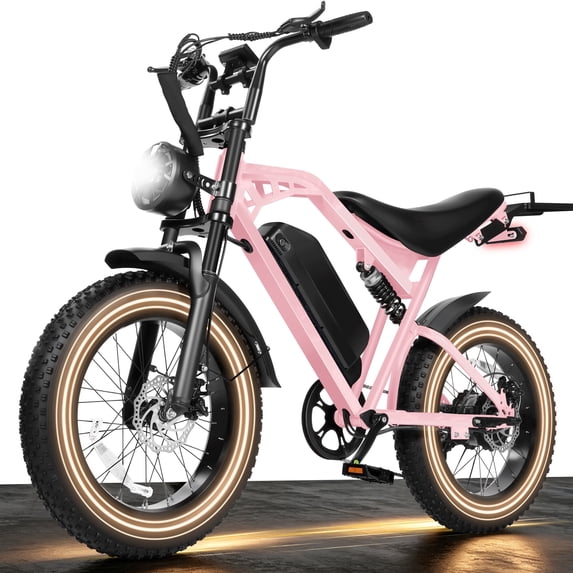 Adult Electric Dirt Bike – 29 MPH, 48V 20.8Ah Battery, 20"x4.0 Fat Tires, Up to 80 Miles Range, NFC Unlock, 7-Speed Dual Suspension, Pink with Rear Rack & Footrests