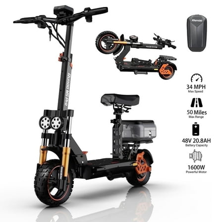 Adult Electric Scooter, 50 Miles Range,34 Mph Top Speed, 11"/10" Off Road Tire,1600W Motor Folding E-Scooter with Detachable Seat for Commuting