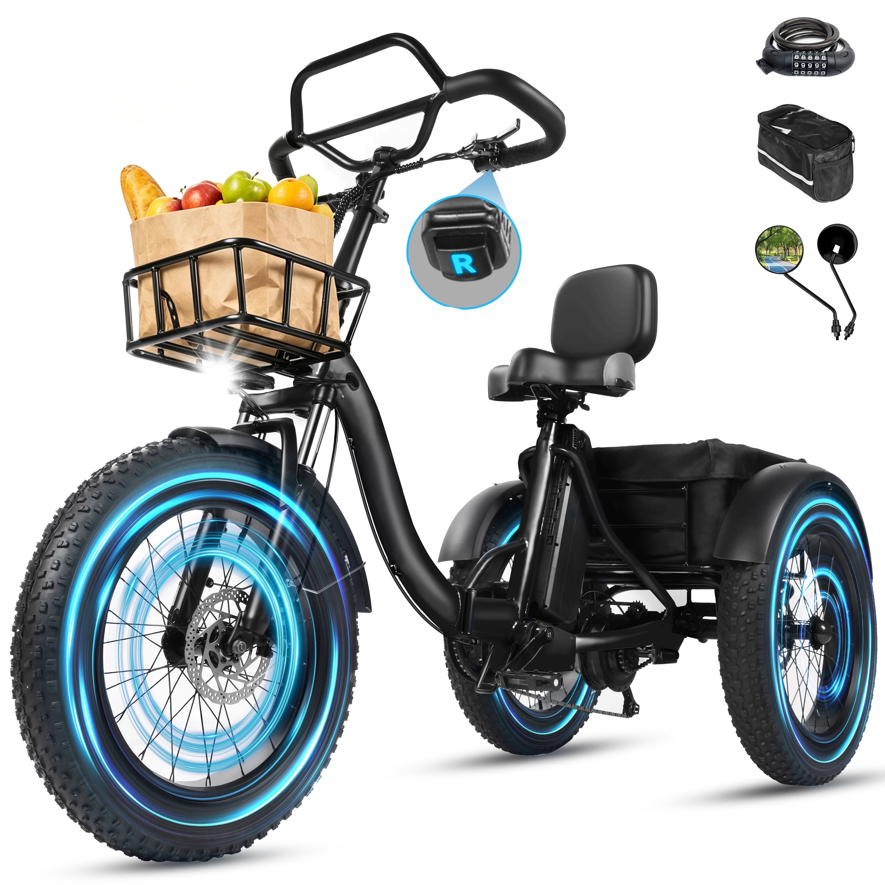 Adult Electric Tricycle with Reverse,E Trike – 1200W Peak Motor, 998.4Wh Battery, Foldable 3-Wheel E-Bike with 20×4" Fat Tires, Black