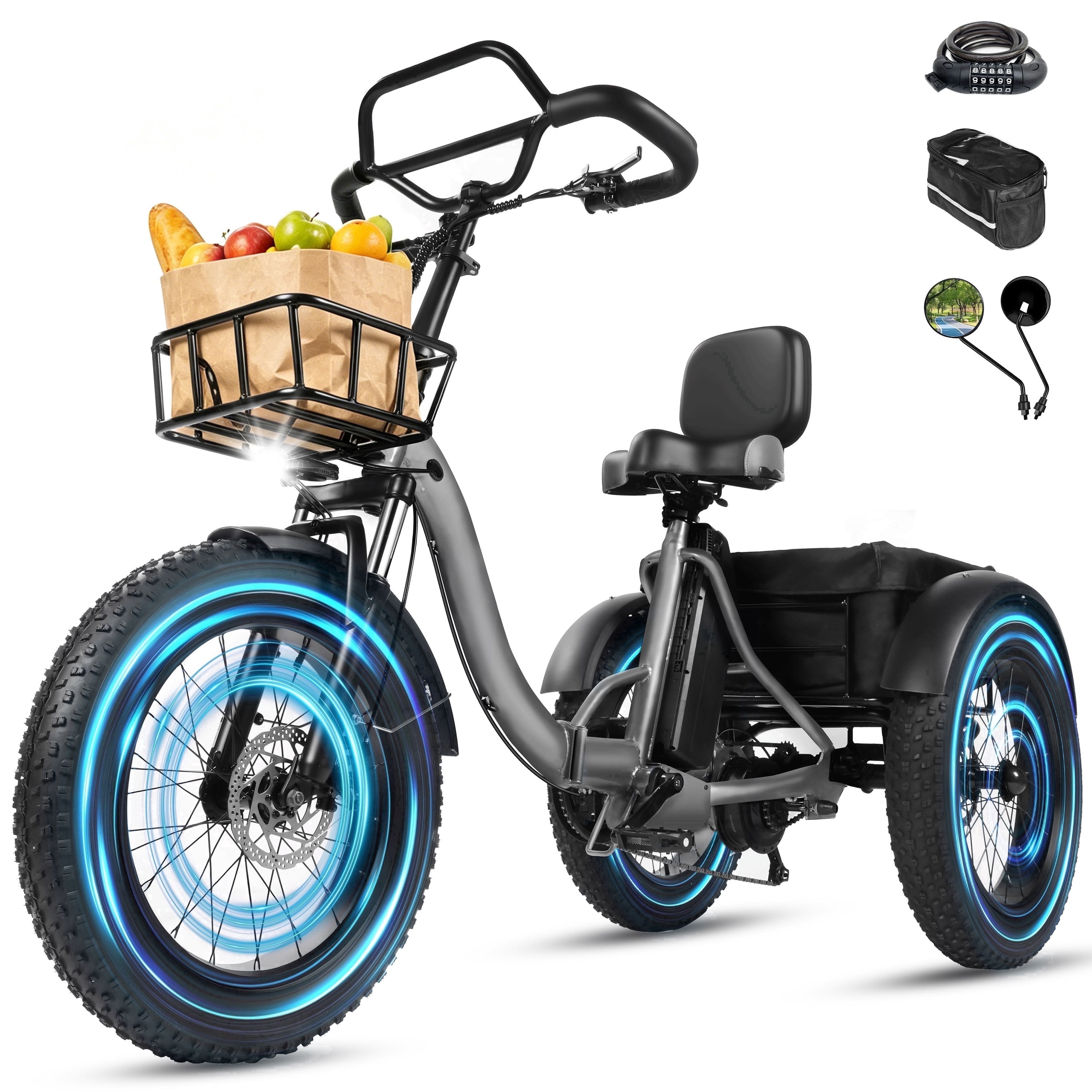 Adult Electric Tricycle with Reverse,E Trike – 1200W Peak Motor, 998.4Wh Battery, Foldable 3-Wheel E-Bike with 20×4" Fat Tires, Black