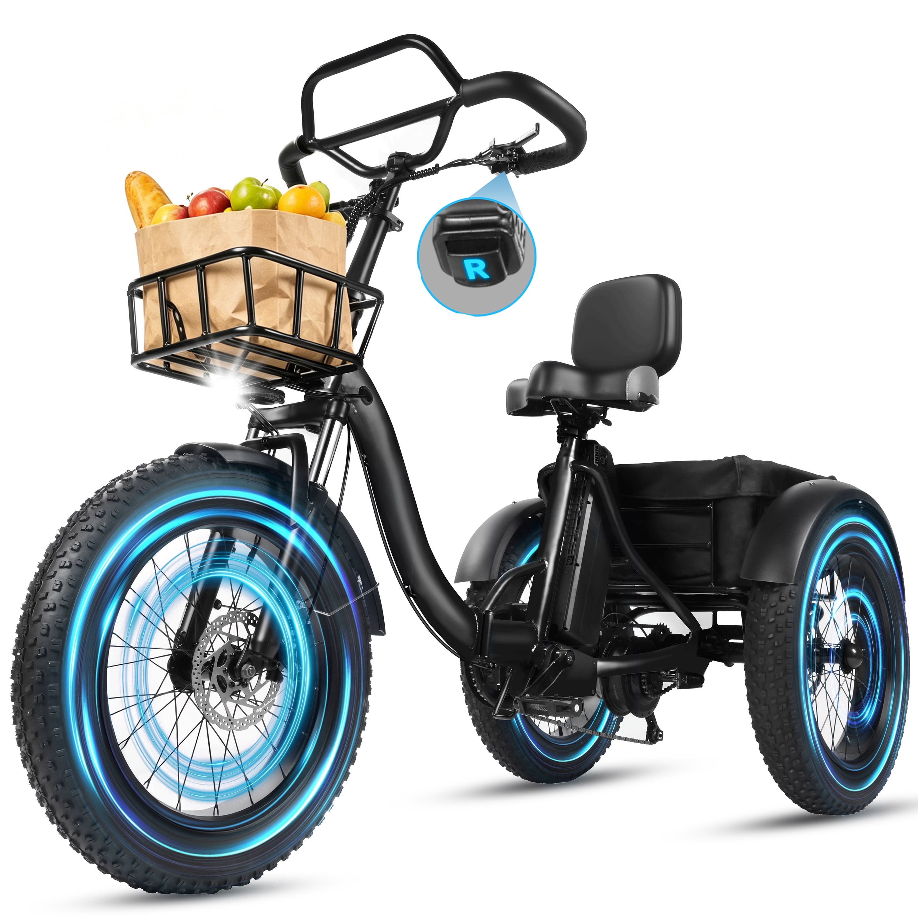 Adult Electric Tricycle with Reverse,E Trike – 1200W Peak Motor, 998.4Wh Battery, Foldable 3-Wheel E-Bike with 20×4" Fat Tires, Black