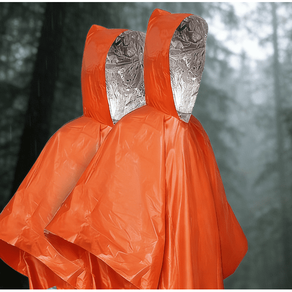 Adult Emergency Rain Poncho PE Hooded Raincoat with Thermal Reflective Lining for Camping Hiking Outdoor Use